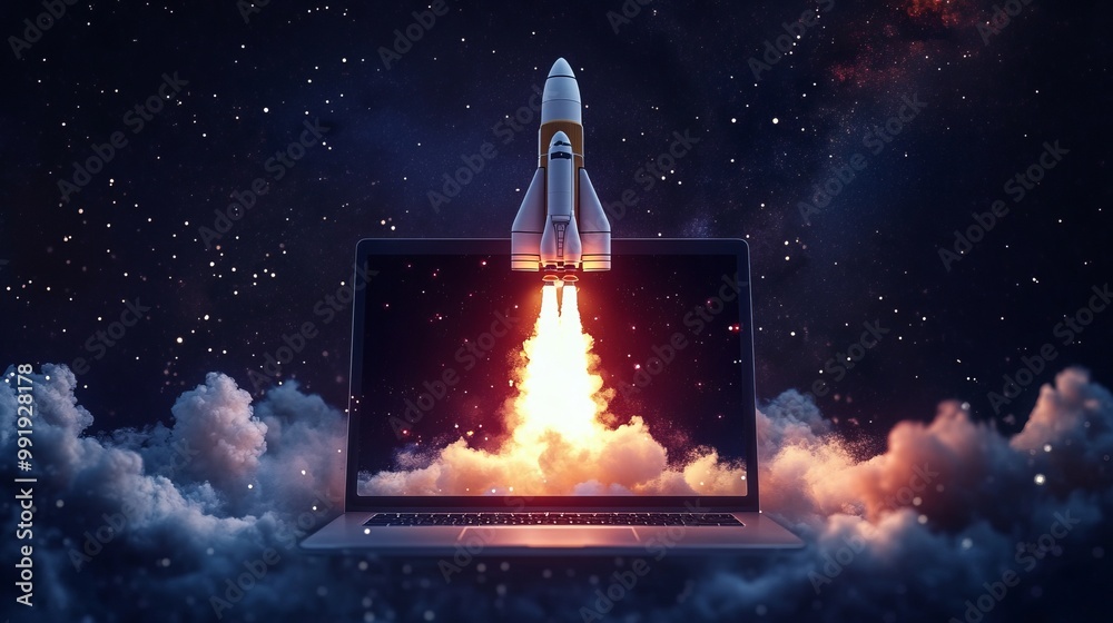 A rocket flies from the laptop screen. Rocket Launch for PC/Laptop , illustration of rocket flying from laptop screen, space rocket launch from laptop screen