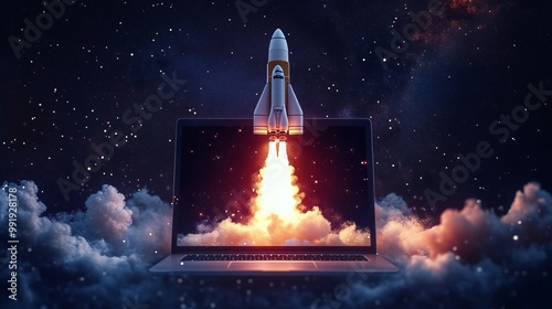 Obraz na płótnie A rocket flies from the laptop screen. Rocket Launch for PC/Laptop , illustration of rocket flying from laptop screen, space rocket launch from laptop screen w salonie