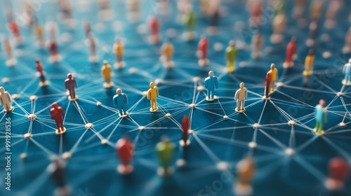 network of connected people with pins or people tags and blue background