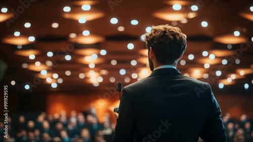 Young man giving an important speech on stage in front of people. Back view. Business training concept.