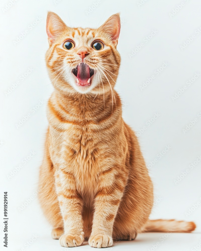 Obraz premium Ginger cat with an open mouth showcases a surprised expression in a studio setting