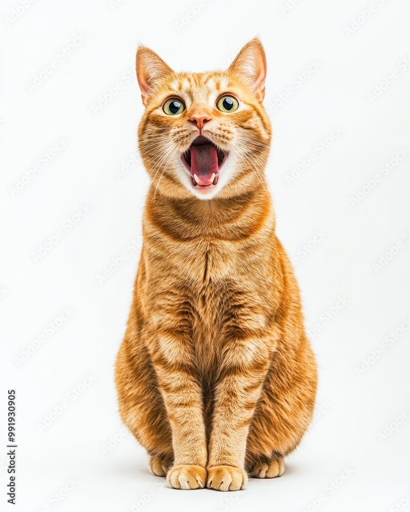 Surprised ginger cat with open mouth against a white background in a studio setting Surprised ginger cat with open mouth against a white background in a studio setting