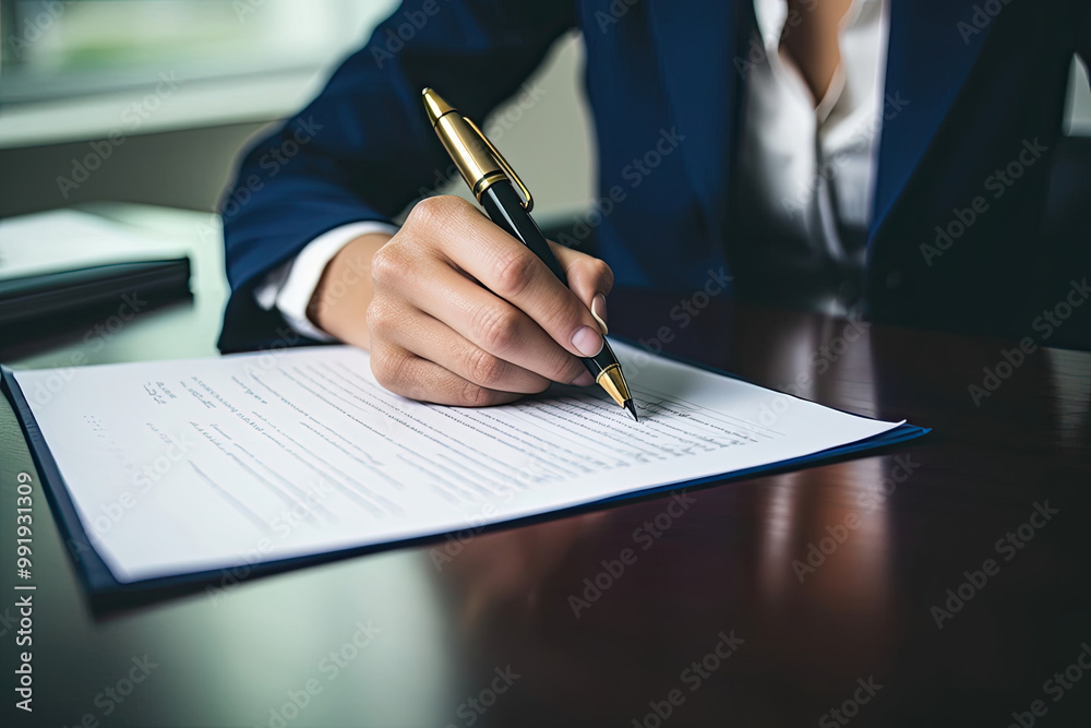 Businesswoman Signing a Document at Her Desk Businesswoman Signing a Document at Her Desk