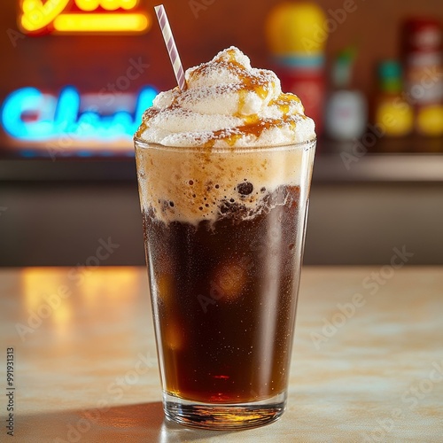 Classic Root Beer Float with Frothy Bubbles in Retro Soda Fountain Setting