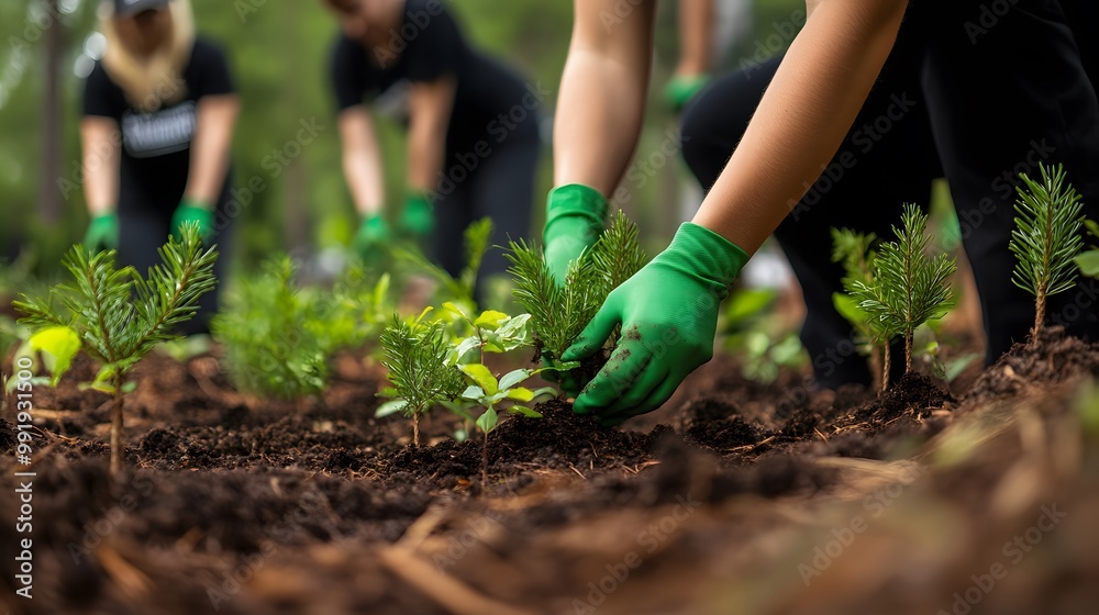 In the foreground, we see some people planting young trees in brown soil with green leaves and small flowers on them In the foreground, we see some people planting young trees in brown soil with green leaves and small flowers on them