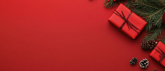 Christmas gift wrapped and new year by pine branches, Flat lay top view Horizontal banner web poster, header for website minimal design with gift box