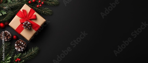 Christmas gift wrapped and new year by pine branches, Flat lay top view Horizontal banner web poster, header for website minimal design with gift box