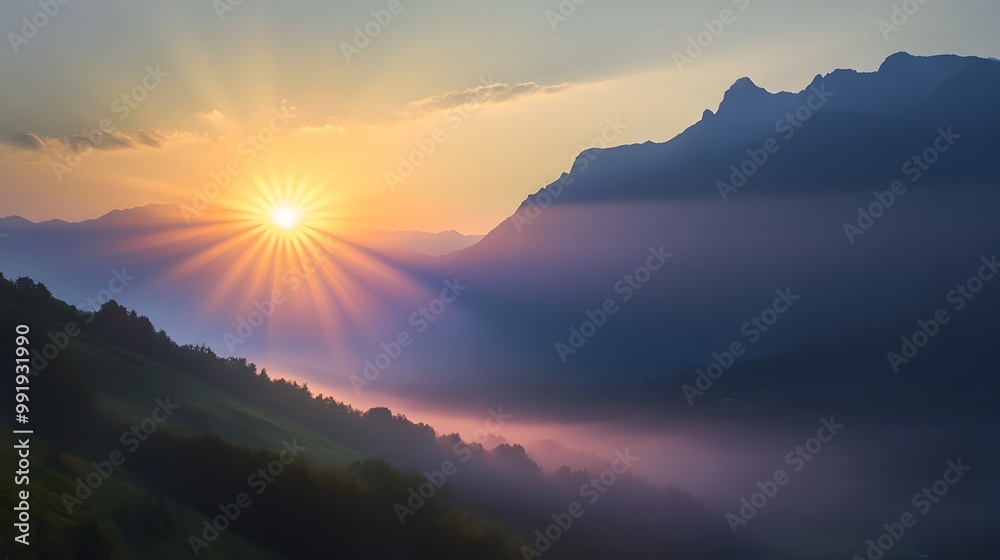 Fototapeta premium Misty Mountain Sunrise with Golden Rays