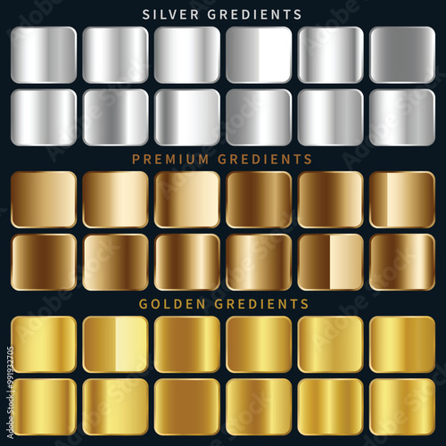 silver, copper and golden foil texture gradation background set. Vector shiny and metalic gradient collection for border, frame, ribbon, label design