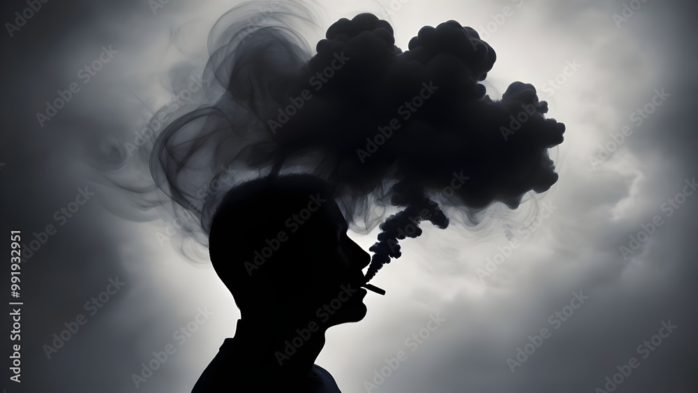 silhouette of a man exhaling a large amount of smoke from a cigarette, symbolizing the dangers of smoking and its impact on mental and physical health. - Stress/Mental Pressure/Depression silhouette of a man exhaling a large amount of smoke from a cigarette, symbolizing the dangers of smoking and its impact on mental and physical health. - Stress/Mental Pressure/Depression