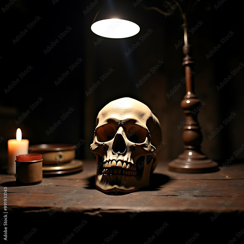 Weathered Human Skull on Wooden Table with Eerie Lighting. Weathered Human Skull on Wooden Table with Eerie Lighting.