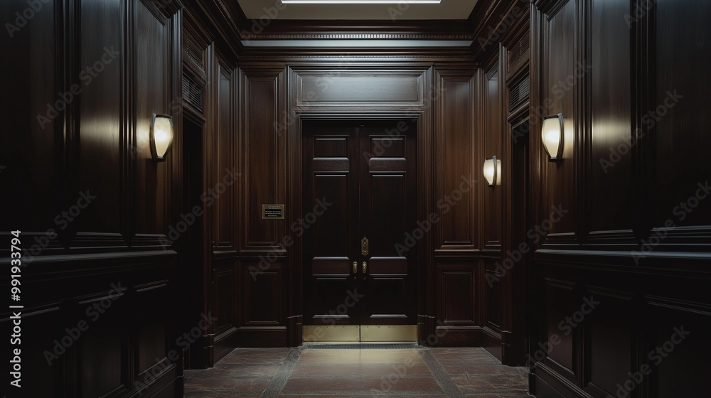 dark wood courtroom door in a courthouse hallway dark wood courtroom door in a courthouse hallway