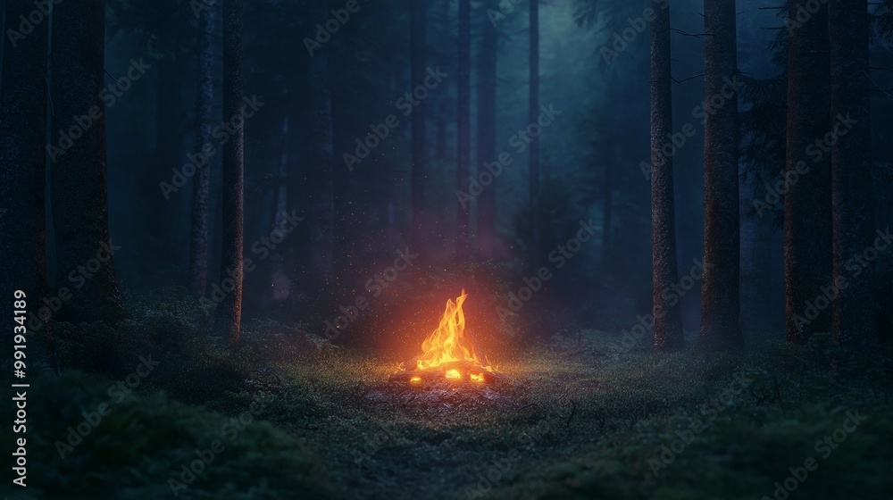 glowing orange campfire in a forest clearing glowing orange campfire in a forest clearing
