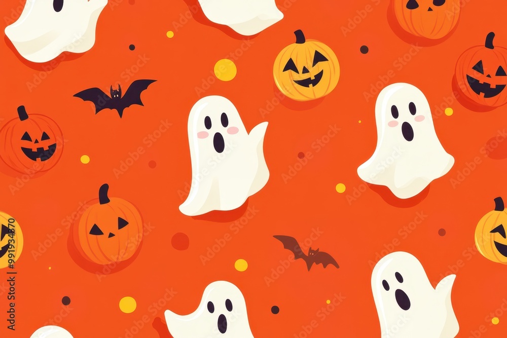 A pattern of small cartoon ghosts and pumpkins on an orange background, in a flat design style with simple shapes and bright colors Generative AI A pattern of small cartoon ghosts and pumpkins on an orange background, in a flat design style with simple shapes and bright colors Generative AI