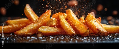 dynamic food photography crispy golden fries midair dark background dramatic lighting highspeed capture appetizing detail commercial culinary art photo