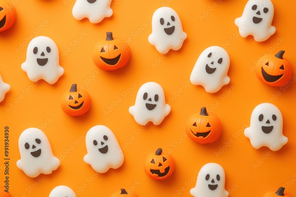 A pattern of small, cute cartoon ghosts and pumpkins on an orange background, creating a fun and festive design for Halloween-themed projects Generative AI A pattern of small, cute cartoon ghosts and pumpkins on an orange background, creating a fun and festive design for Halloween-themed projects Generative AI