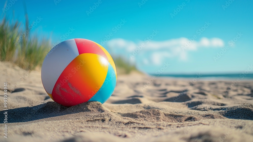 Obraz premium multicolored beach ball bouncing on the sandy beach