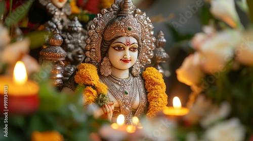 A close up of a beautiful decorated durga idol with bukeh background generative ai image photo