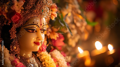 A close up of a beautiful decorated durga idol with bukeh background generative ai image