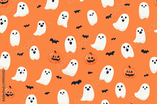 A pattern of small, cute cartoon ghosts and pumpkins on an orange background, suitable for Halloween-themed designs or party decorations Generative AI