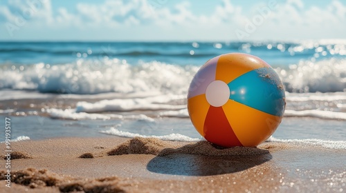 multicolored beach ball bouncing on the sandy beach