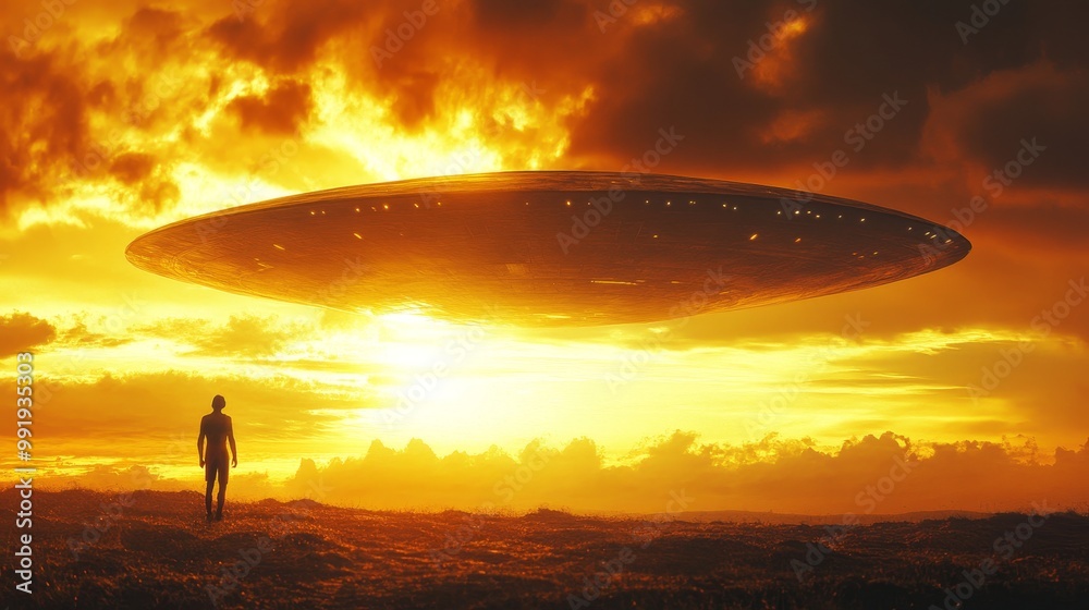 A man is walking in a field with a large, glowing object in the sky A man is walking in a field with a large, glowing object in the sky