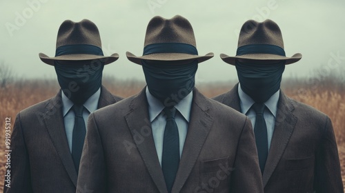 Three men wearing suits and hats stand in a field