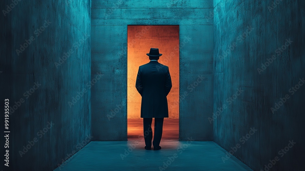 Fototapeta premium A man in a hat stands in a dark room with a doorway