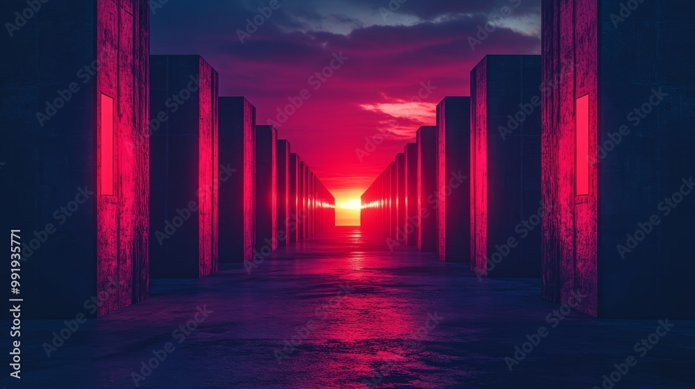 Fototapeta premium A long, narrow hallway with red walls and a red sun in the sky