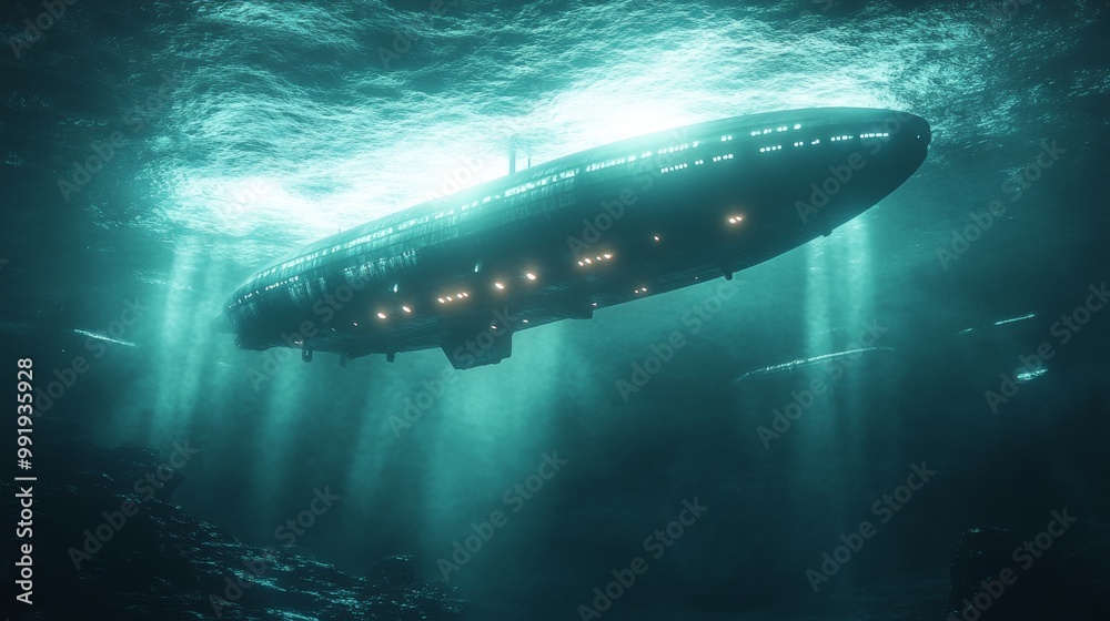 A large ship is floating in the ocean with a blue sky in the background A large ship is floating in the ocean with a blue sky in the background