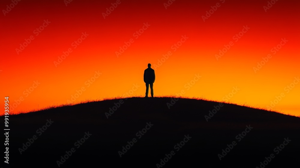 A man stands on a hill at sunset A man stands on a hill at sunset