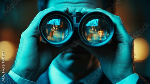 A man is looking through binoculars, with his reflection in the lenses