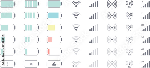 Smartphone wifi and battery icons. Mobile phone indicators, battery charge levels, 5G and wifi signal strength icons flat vector illustration set. Network wireless symbols on white background