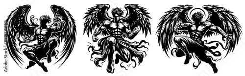 heroic archangel in battle pose, black and white vector collection