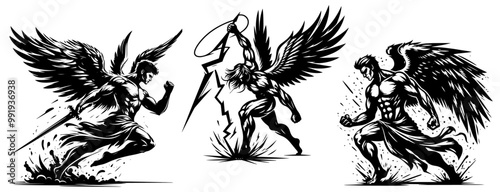 powerful archangel in fighting stance, black and white vector collection