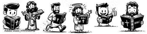 cartoon jesus christ with holy bible in hand, black and white vector illustration