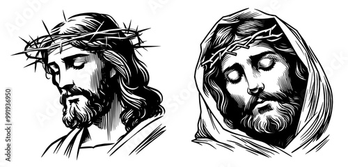 black and white vector collection of spiritual jesus christ portraits