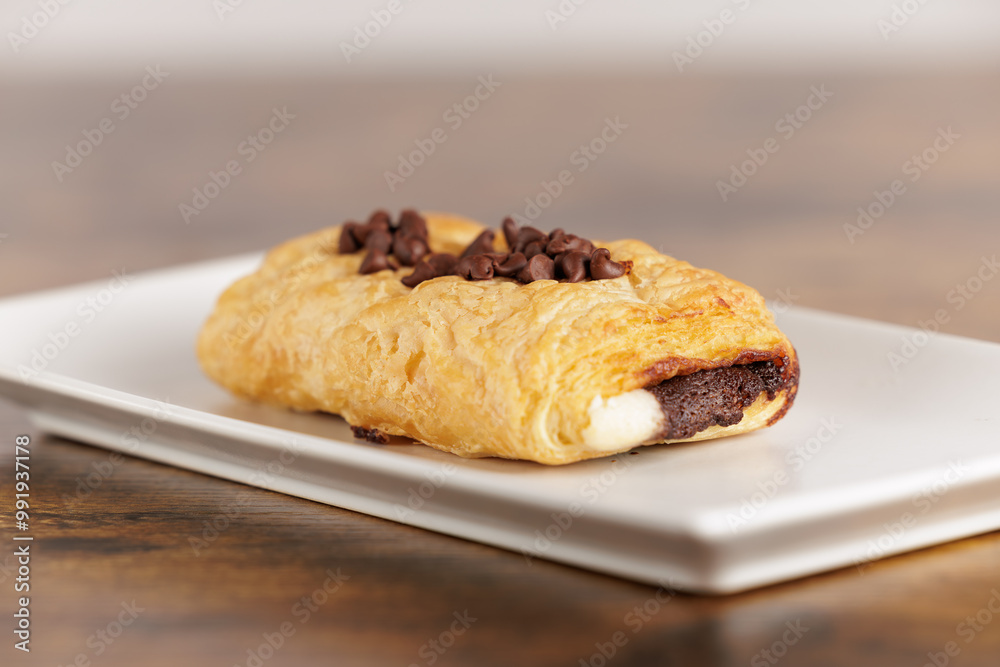 Detailed portrait of a Neapolitan filled with white and milk chocolate. Sweet dessert with lots of sugar and calories on a white plate. Detailed portrait of a Neapolitan filled with white and milk chocolate. Sweet dessert with lots of sugar and calories on a white plate.