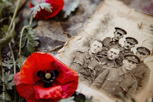Historical World War I Soldiers Photo with Red Poppy Flower Commemorating Armistice Day photo