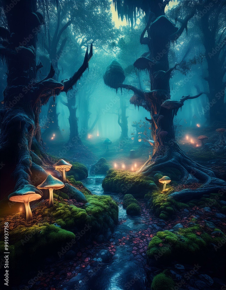 Enchanted Forest Scene with Bioluminescent Mushrooms and Mystical Fog