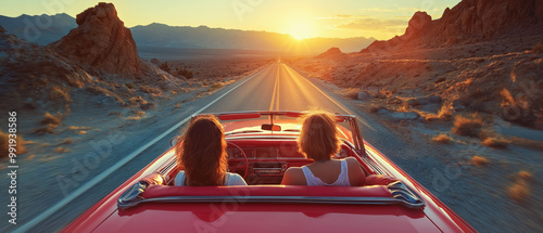 Obraz na płótnie Two women friends driving a convertible car over desert highway, sunset over hills in distance. Generative AI w salonie