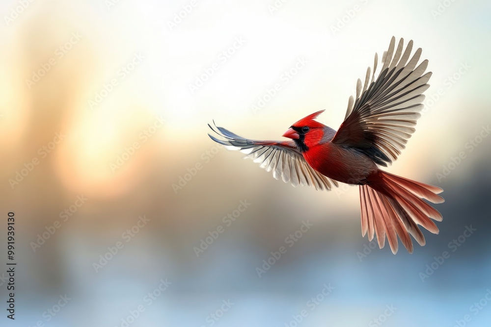 World Migratory Bird Day. Red-breasted cardinal (Carduelis carduelis). Migratory birds in flight against a blurred landscape during seasonal journey with generative ai World Migratory Bird Day. Red-breasted cardinal (Carduelis carduelis). Migratory birds in flight against a blurred landscape during seasonal journey with generative ai