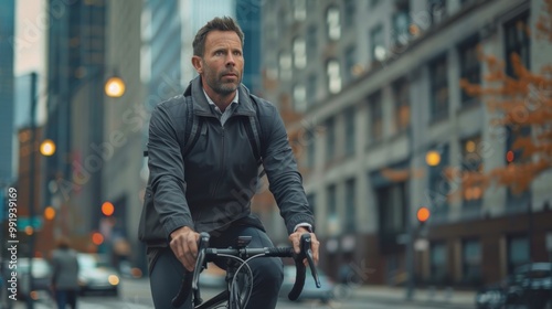 Professional Man Commutes by Bicycle in Urban Setting - Balance Between Fitness and Career