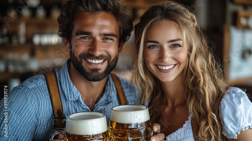 A traditional German couple in lederhosen and dirndl smiling and toasting with oversized beer mugs.