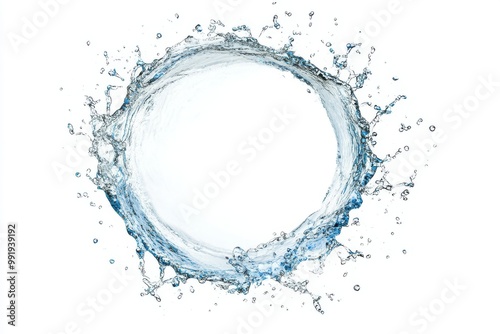 The circle of water splashing on the white background is seen from a low angle