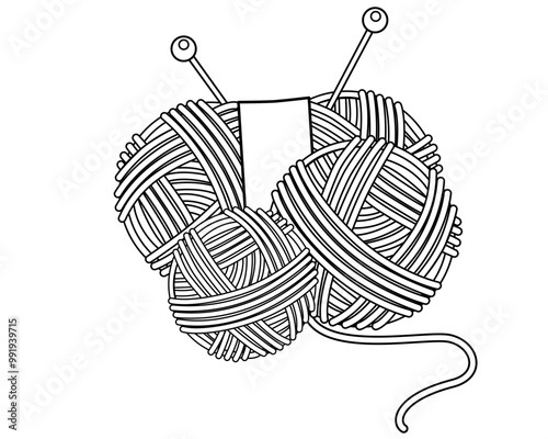 Skein of thread, Clews, knitting needles - vector linear illustration for coloring. Outline. Knitting yarn coiled into balls and knitting needles. Knitting and handmade	