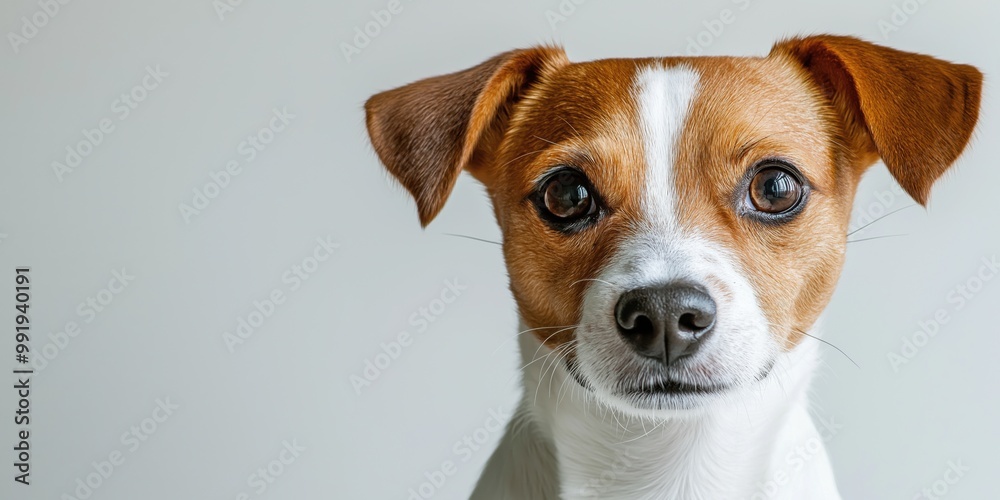 A close-up portrait photo of a cute terrier dog looking at the camera, isolated against a colourful background. A close-up portrait photo of a cute terrier dog looking at the camera, isolated against a colourful background.