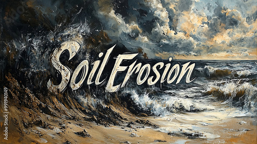 This captivating artwork depicts intense soil erosion by crashing coastal waves beneath a turbulent, cloudy sky, highlighting environmental degradation. photo