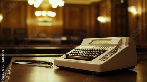 white court stenographer's machine in a courtroom photo