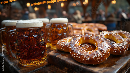 Obraz na płótnie Oktoberfest servers carrying large trays of pretzels and mugs, weaving through a crowded beer tent. w salonie